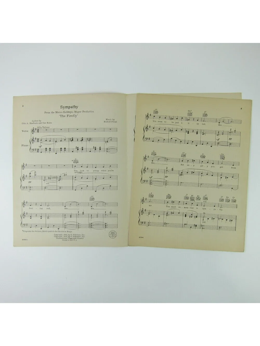 Sheet Music Sympathy The Firefly Jeanette Macdonald Allan Jones Vintage 1937